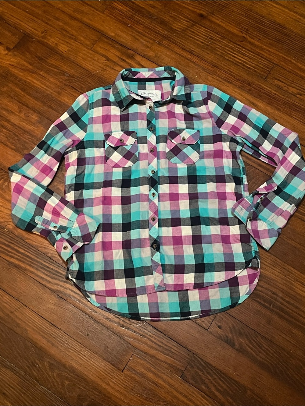 Aeropostale Women’s Plaid Button-Down Shirt - Fuschia & Teal Size Medium